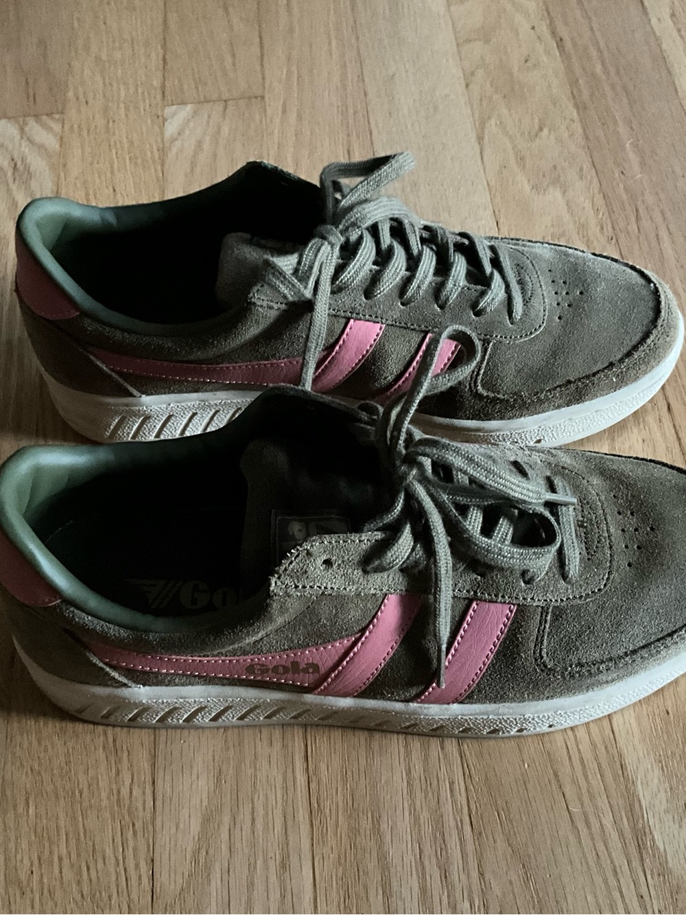 Olive green Suede Women's Gola Sneakers with Pink Accents